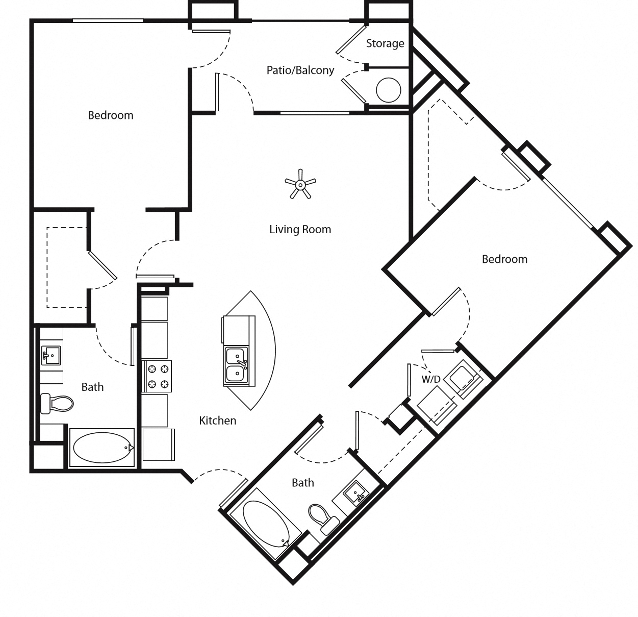 Floor plan for 2 beds, 2 baths, 1307 sqft